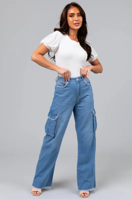 Boom Boom Light Wash Rhinestone Cargo Jeans sold by Lime Lush