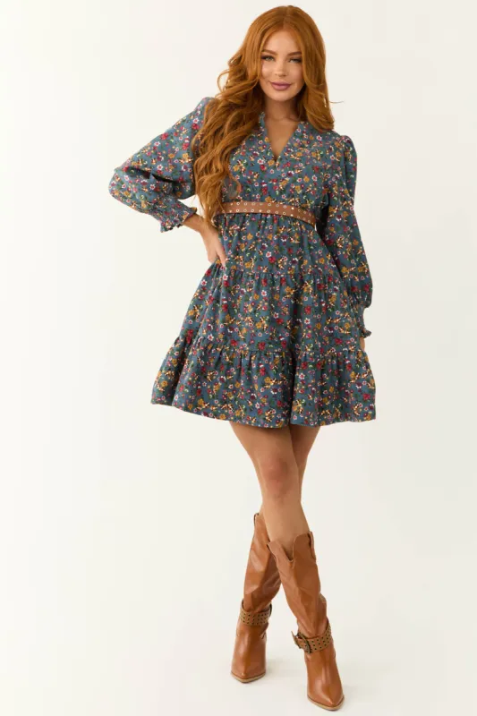 Ocean Corduroy Floral Print Tiered Mini Dress sold by Lime Lush