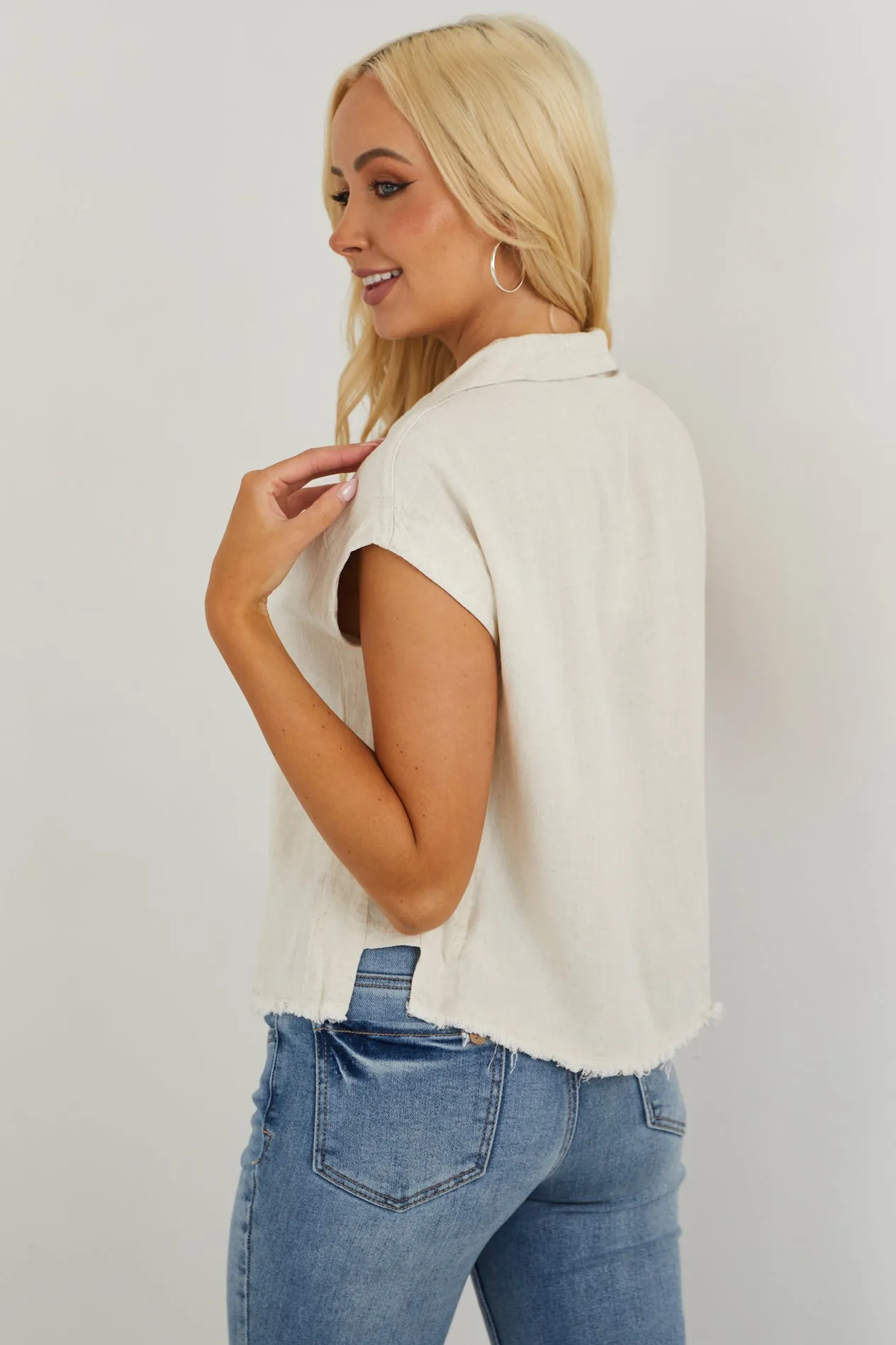 Oatmeal Short Sleeve Collared Button Up Top sold by Lime Lush product image thumbnail 4