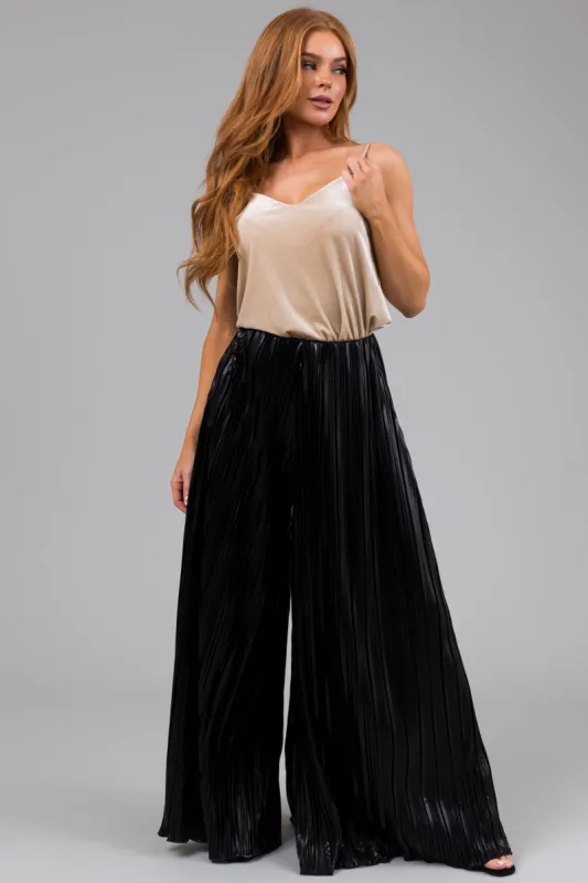 Black Metallic Pleated Flare High Waist Pants sold by Lime Lush