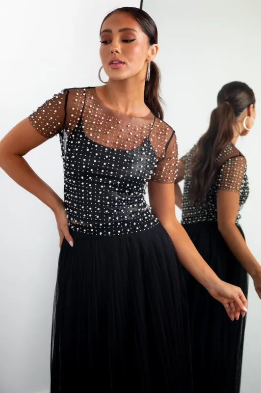 Black Pearl and Rhinestone Short Sleeve Mesh Top sold by Lime Lush