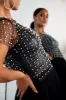 Black Pearl and Rhinestone Short Sleeve Mesh Top sold by Lime Lush
