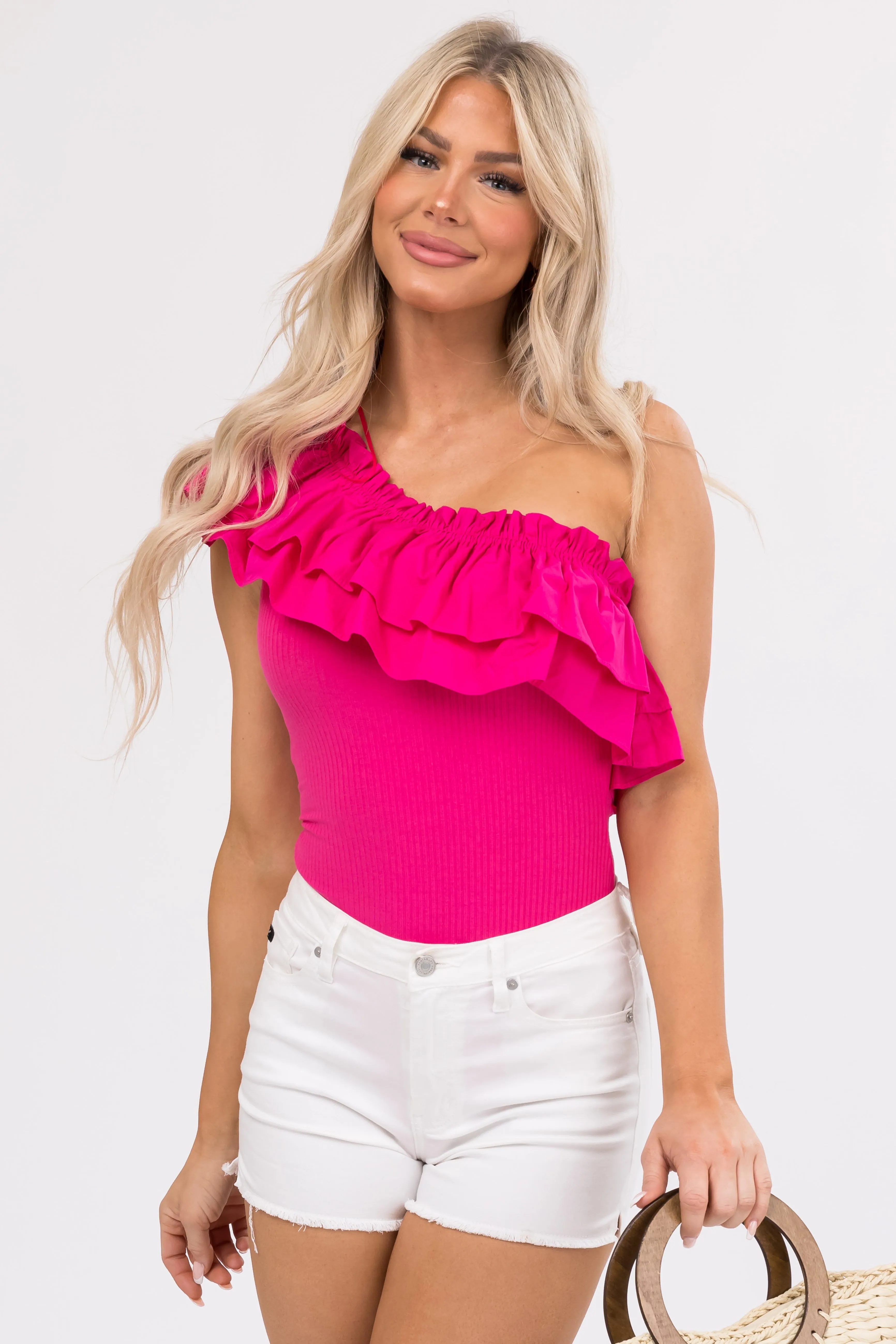 Flying Tomato Magenta Ruffle One Shoulder Bodysuit sold by Lime Lush