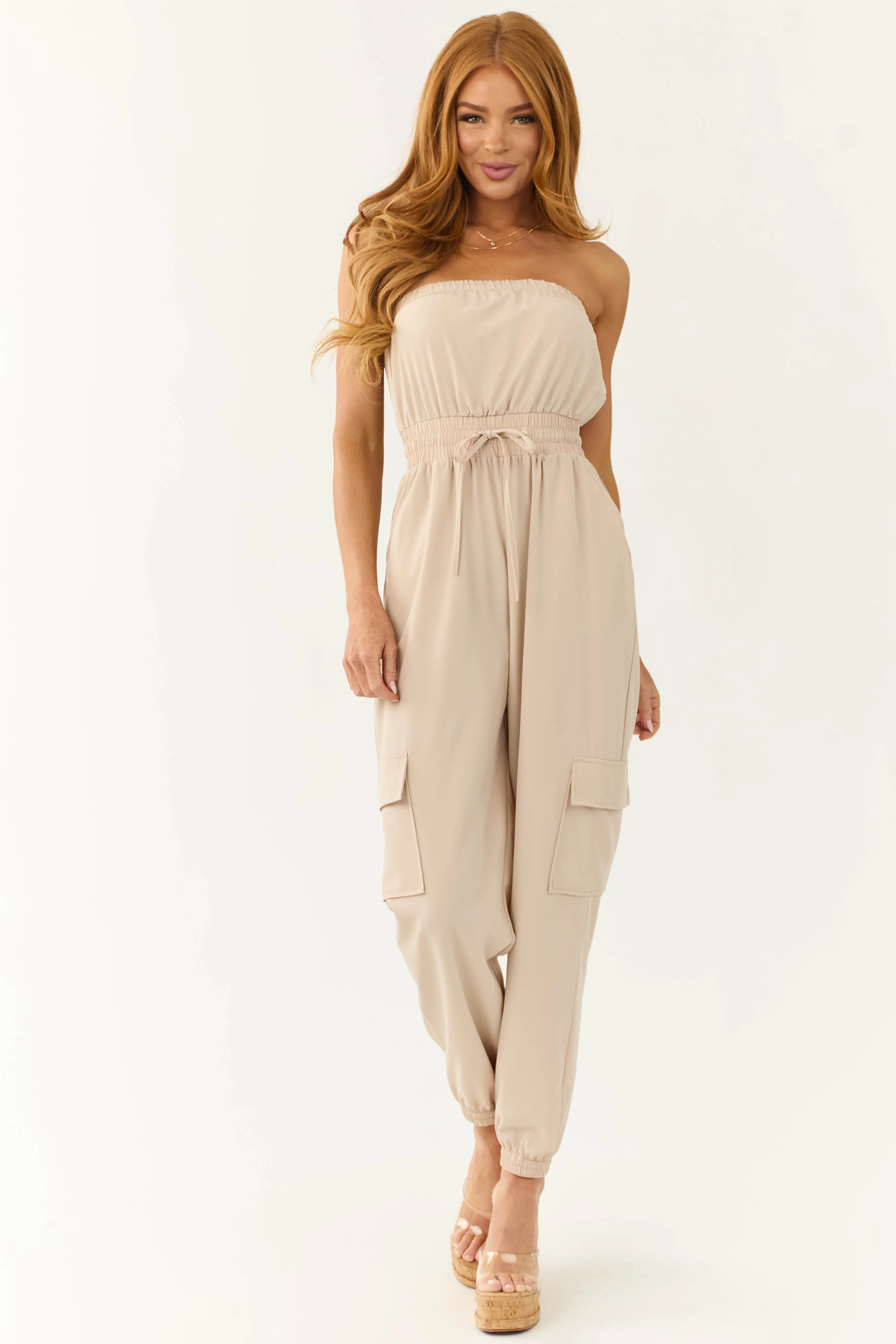 Beige Cargo Style Strapless Jumpsuit sold by Lime Lush product image thumbnail 4