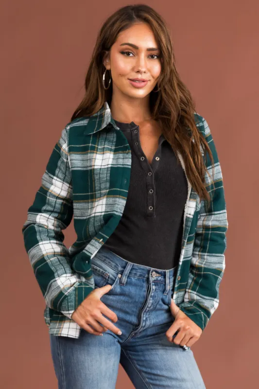 Pine Green Plaid Faux Fur Lined Shirt Jacket sold by Lime Lush