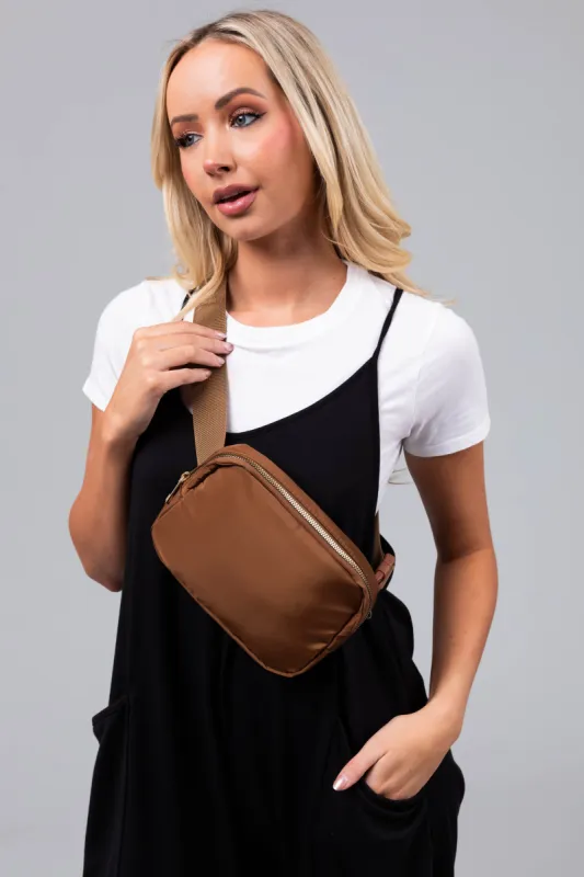 Cognac Shiny Zippered Cross Body Bag sold by Lime Lush
