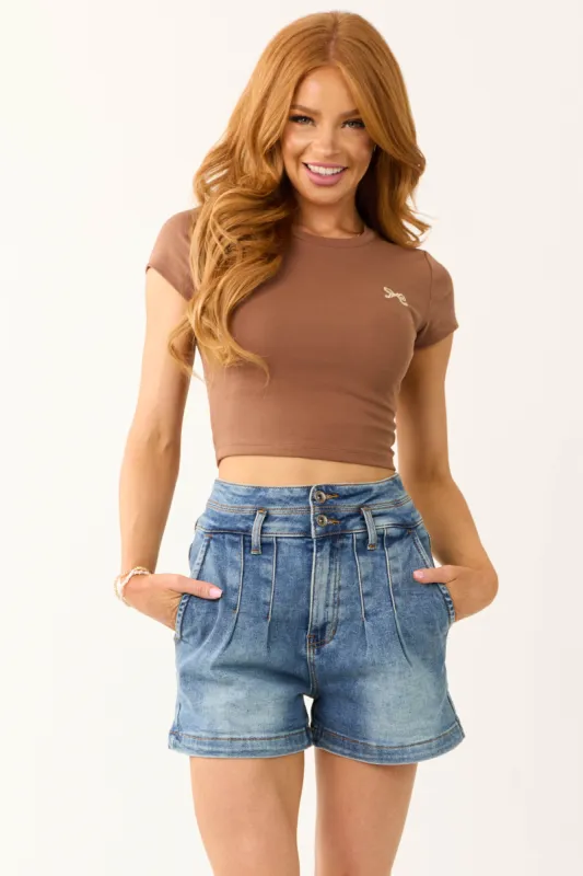 Special A Medium Wash Pleated Denim Shorts sold by Lime Lush