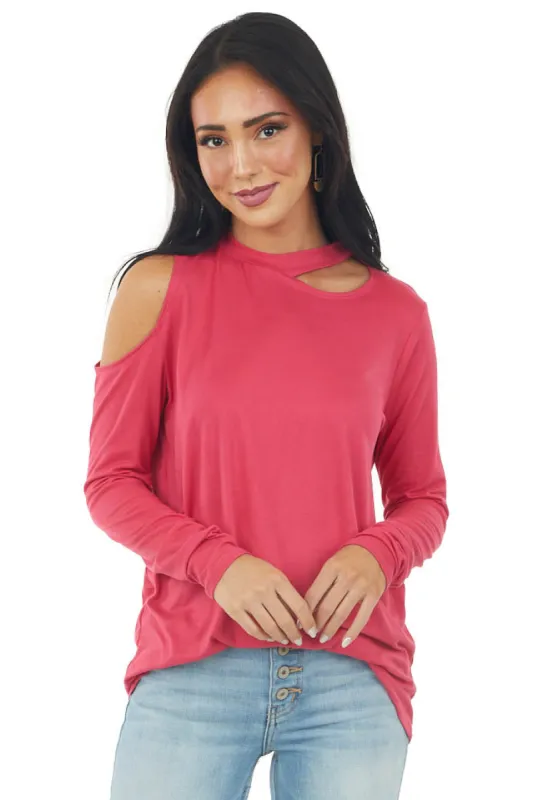 Hot Pink Cold Shoulder Long Sleeve Knit Cut Out Top sold by Lime Lush