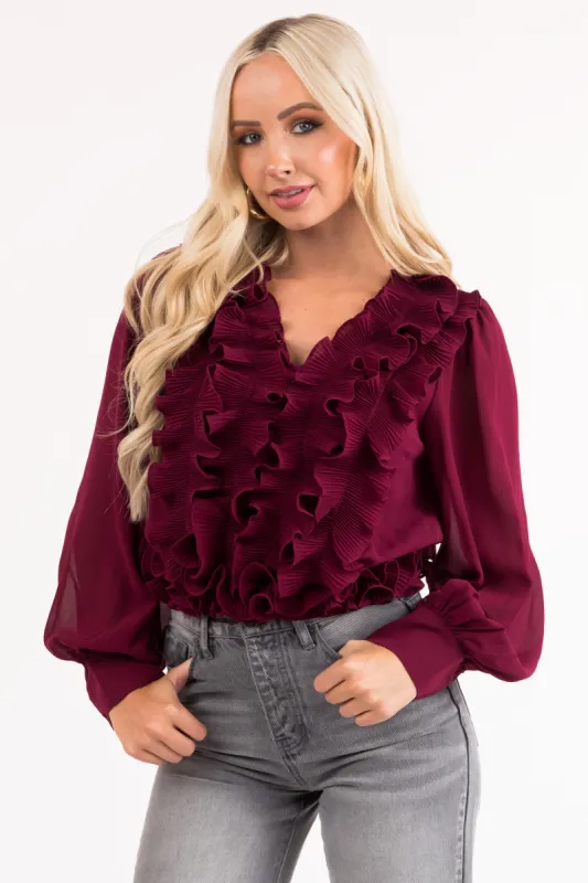 Maroon Ruffled V Neck Long Sleeve Woven Blouse sold by Lime Lush