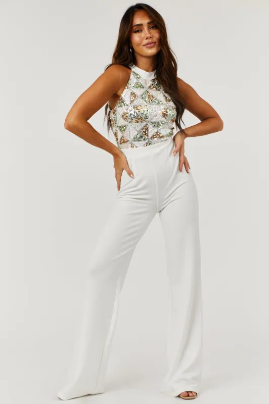 Off White Geometric Sequin Halter Neck Jumpsuit sold by Lime Lush