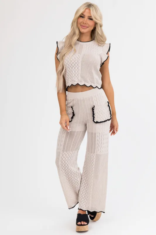 Coconut Textured Straight Leg Pants with Contrast Trim sold by Lime Lush