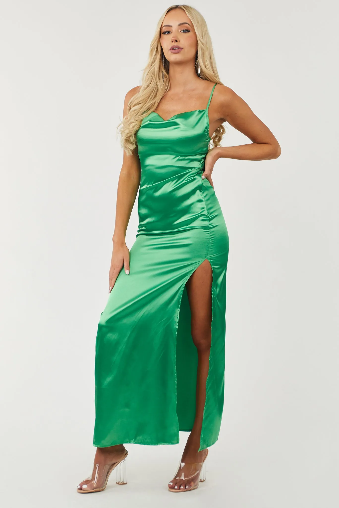 Jade Satin Cowl Neckline Sleeveless Maxi Dress sold by Lime Lush product image thumbnail 2