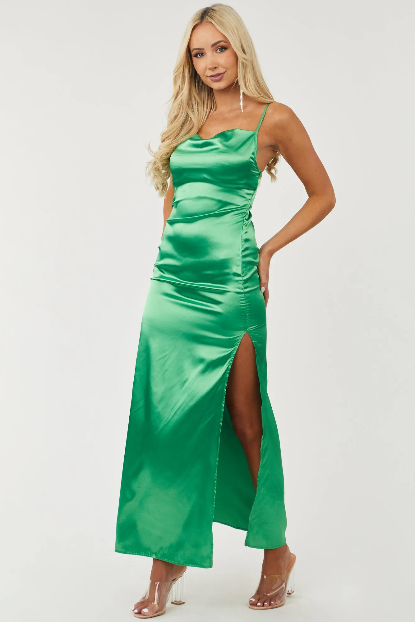 Jade Satin Cowl Neckline Sleeveless Maxi Dress sold by Lime Lush product image thumbnail 3