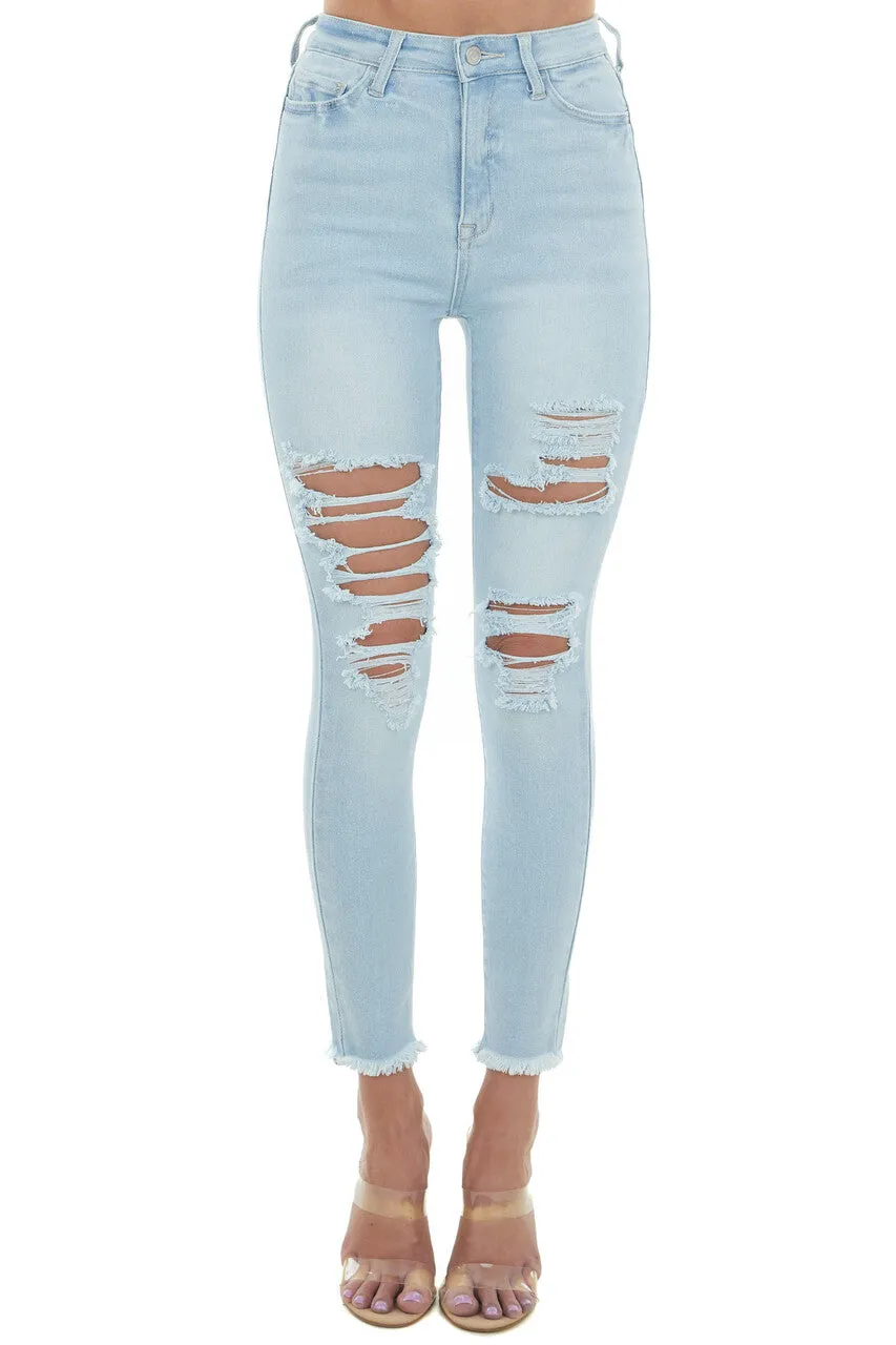 Cello Light Wash High Rise Frayed Hem Skinny Jeans sold by Lime Lush