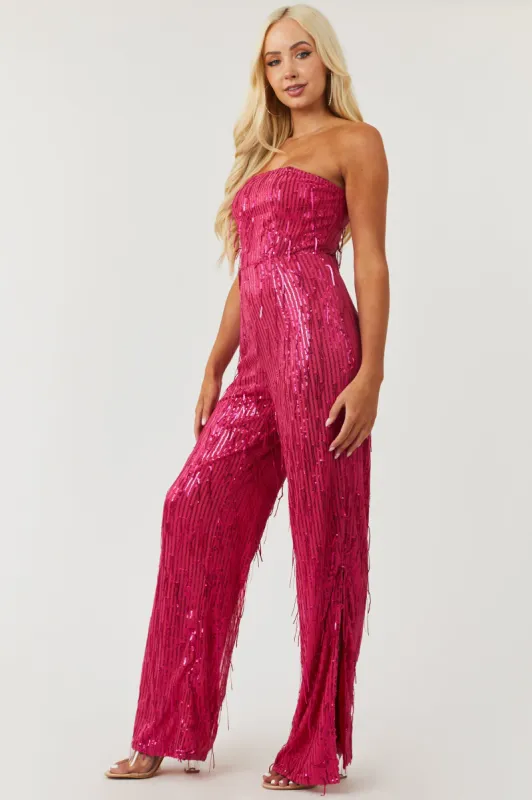 Raspberry Sequined Strapless Wide Leg Jumpsuit sold by Lime Lush
