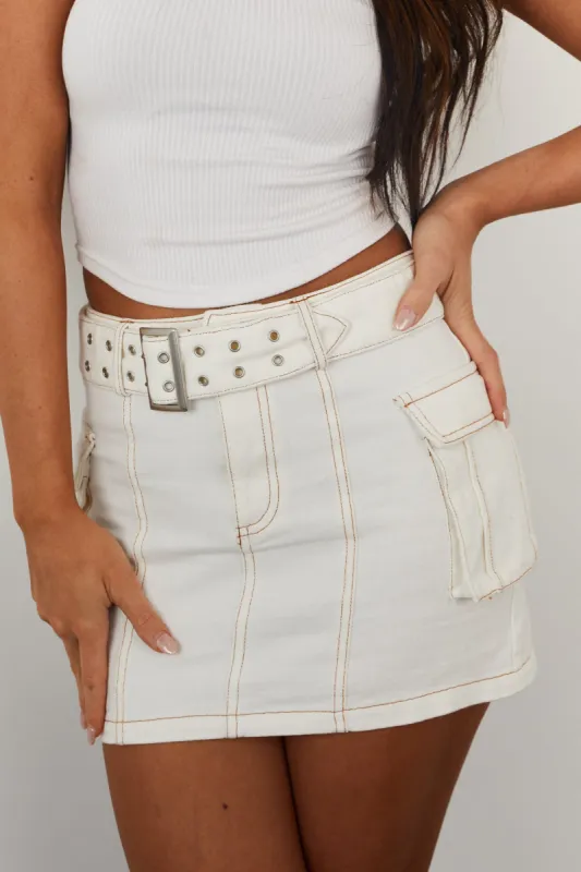 Le Lis Off White Denim Cargo Contrast Stitching Mini Skirt sold by Lime Lush