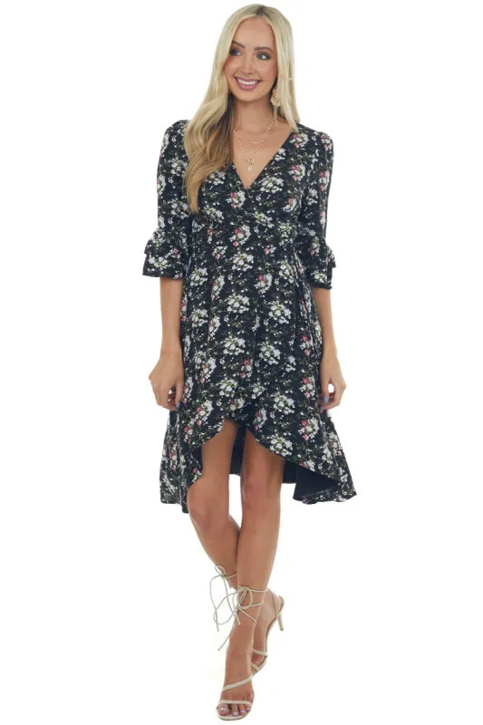 Black Floral Print Woven High Low Wrap Dress sold by Lime Lush