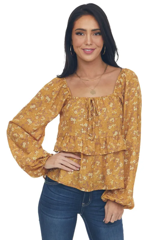 Marigold Floral Print Bubble Sleeve Blouse sold by Lime Lush