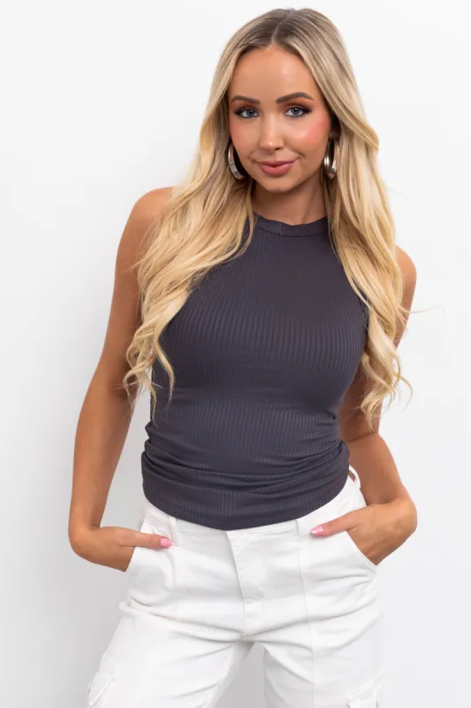 Stone Ribbed Fitted Tank Top sold by Lime Lush
