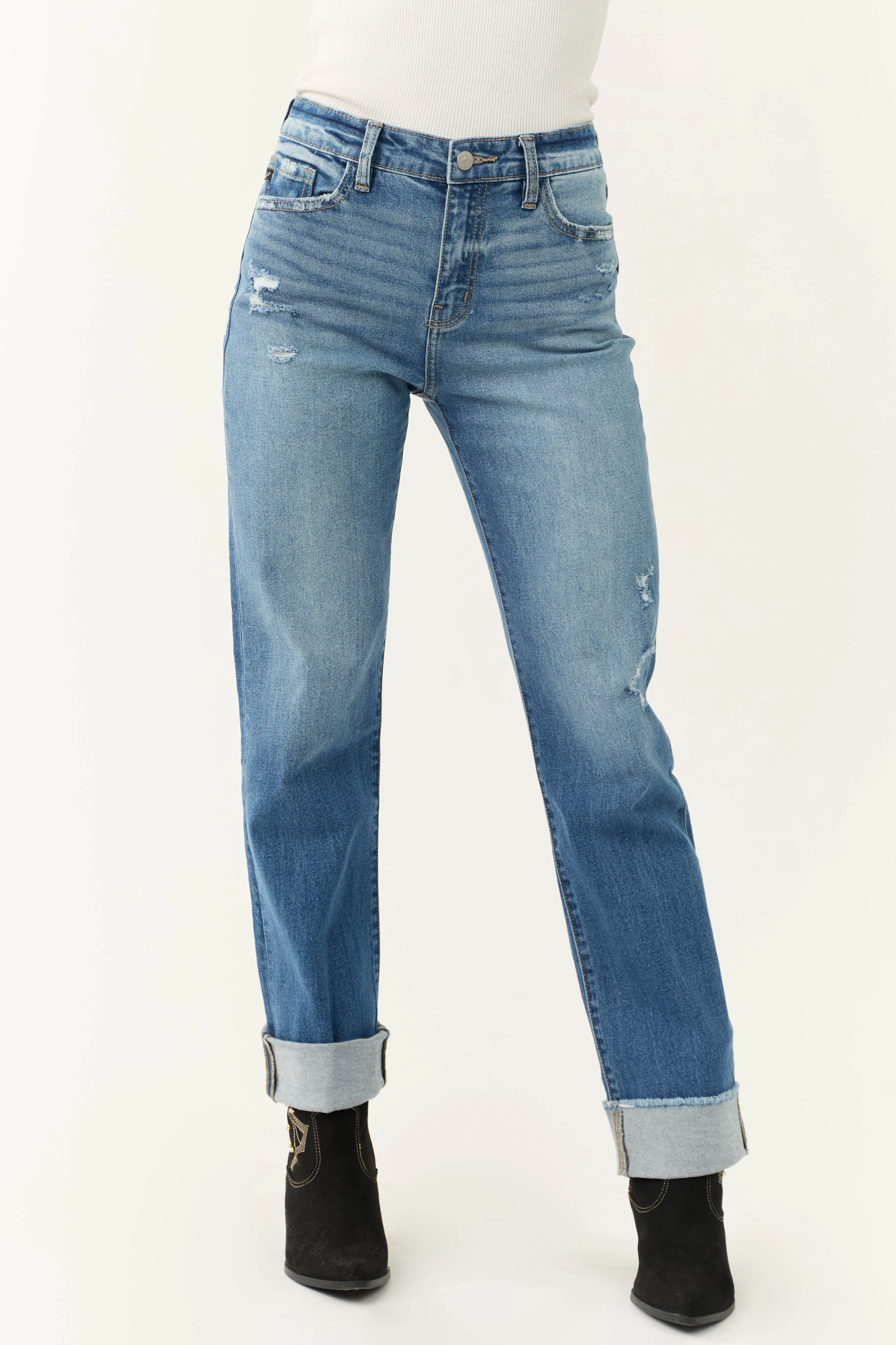 KanCan Medium Wash Raw Hem Straight Jeans sold by Lime Lush product image thumbnail 2