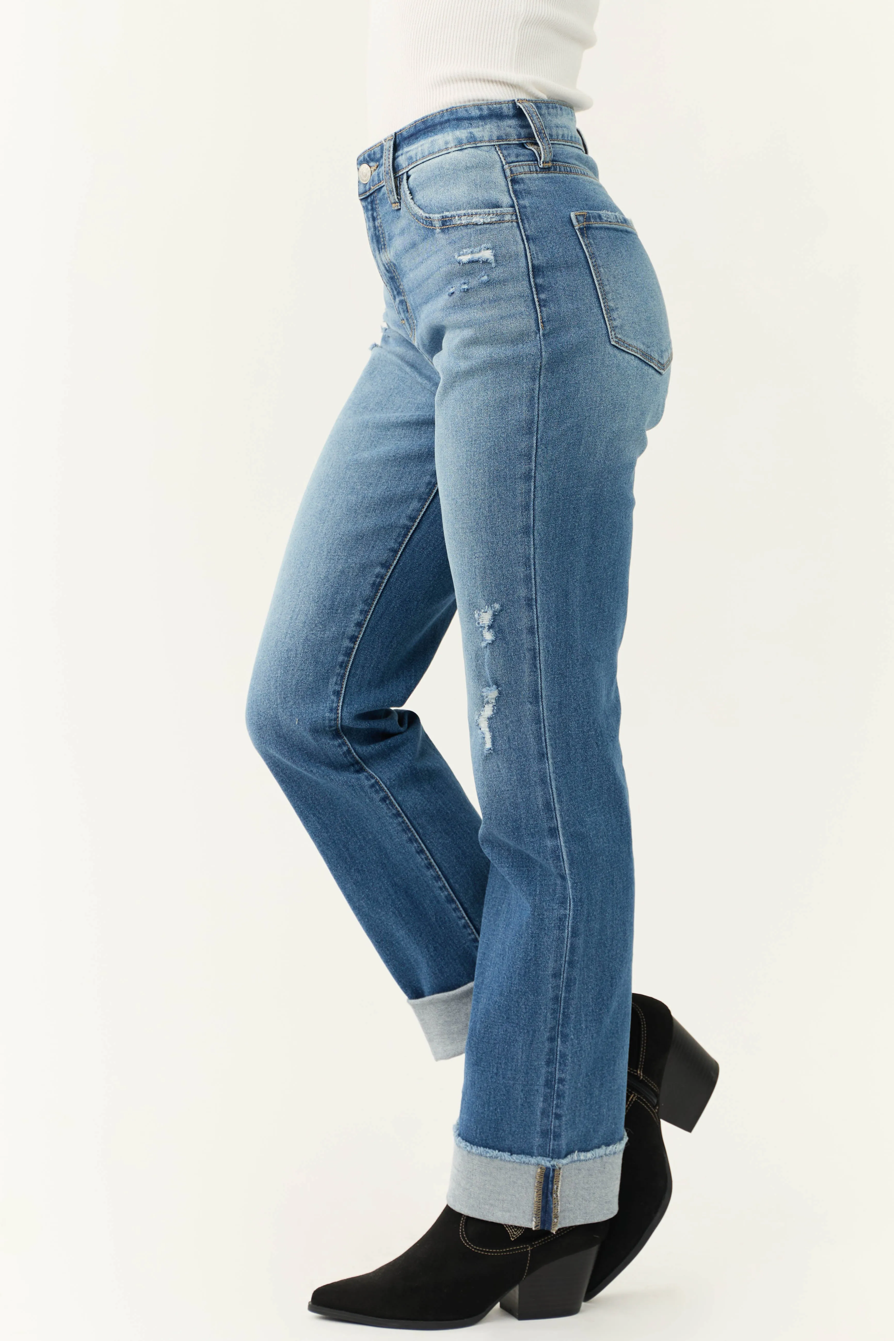 KanCan Medium Wash Raw Hem Straight Jeans sold by Lime Lush product image thumbnail 4