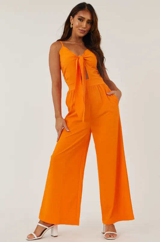 Bright Orange Front Tie Wide Leg Woven Jumpsuit sold by Lime Lush