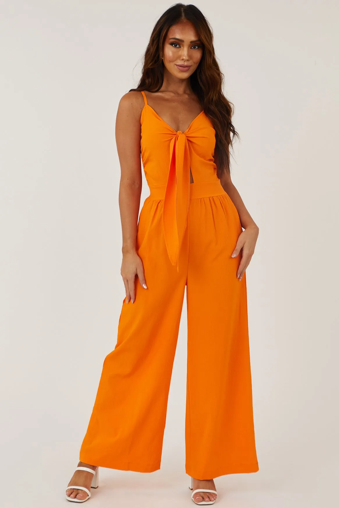 Bright Orange Front Tie Wide Leg Woven Jumpsuit sold by Lime Lush product image thumbnail 2