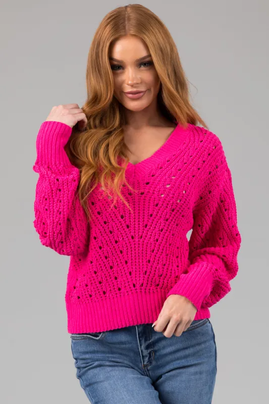 Hot Pink Pointelle Cut Out Chenille Sweater sold by Lime Lush