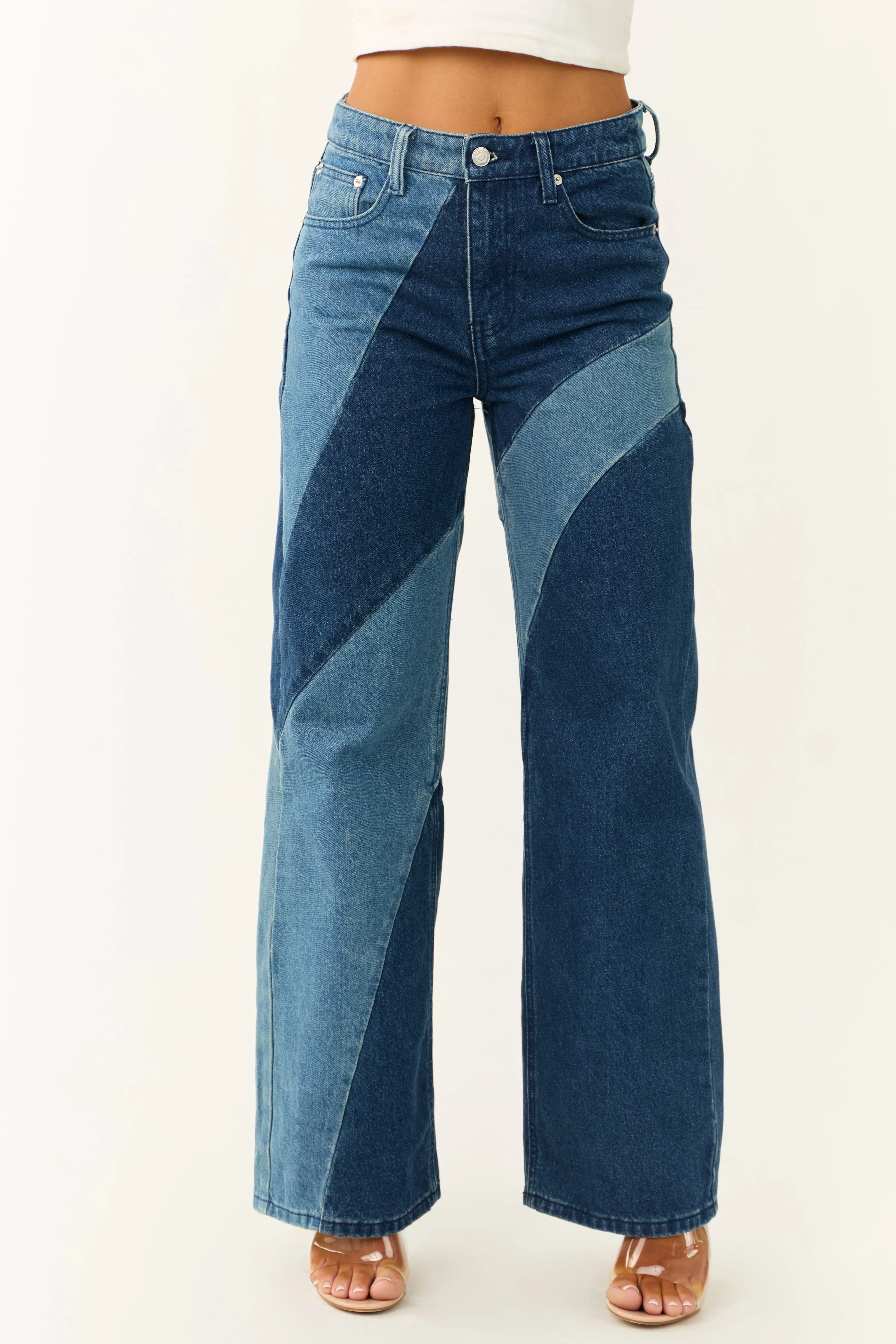 Medium and Dark Wash Denim Colorblock Jeans sold by Lime Lush