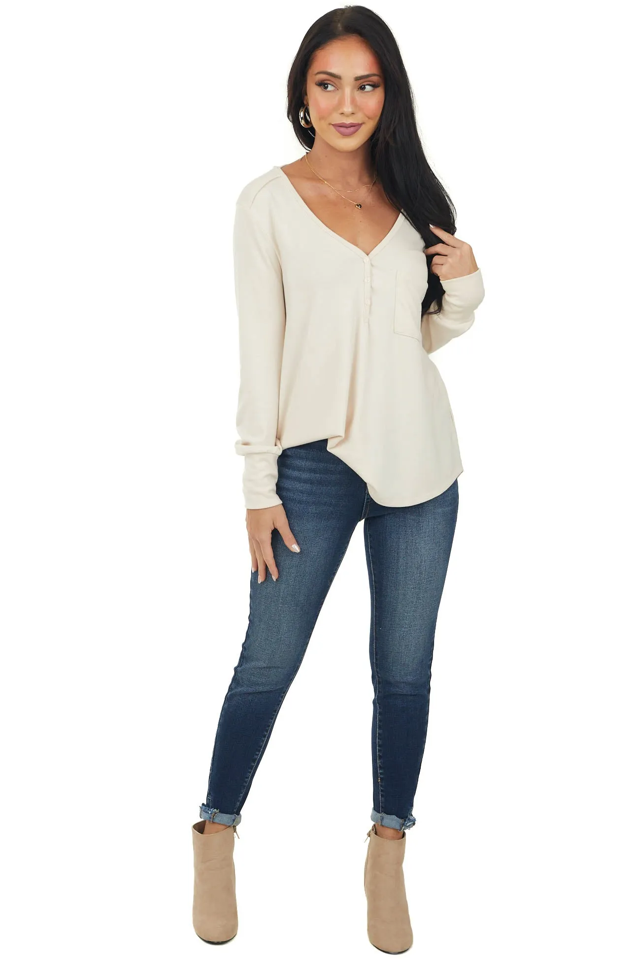 Desert Sand Comfy Henley V Neck Long Sleeve Top sold by Lime Lush product image thumbnail 2