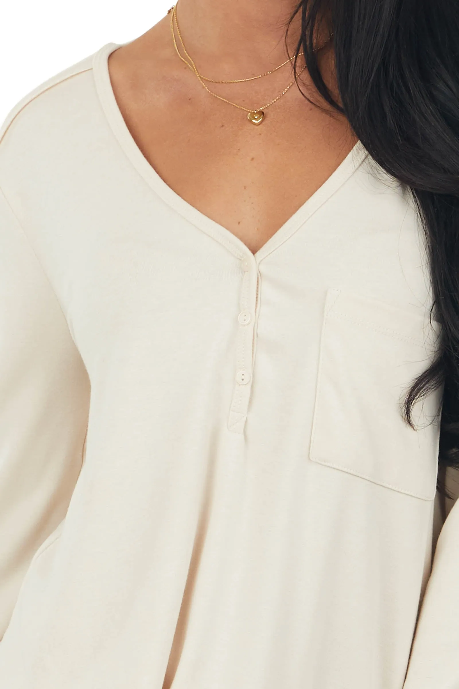 Desert Sand Comfy Henley V Neck Long Sleeve Top sold by Lime Lush product image thumbnail 4