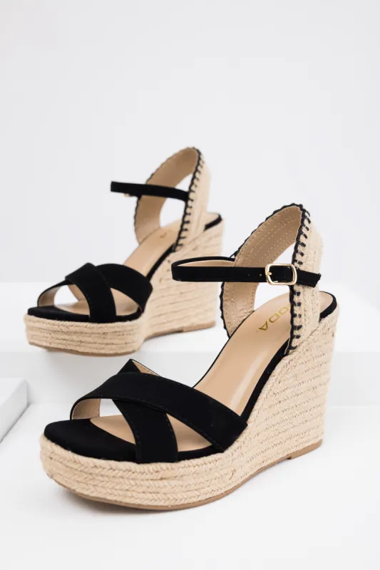 Black Cross Strap Platform Espadrille Wedges sold by Lime Lush