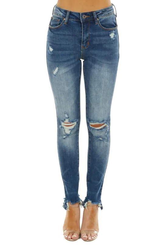 Special A Dark Wash Mid Rise Skinny Jeans with Distress sold by Lime Lush