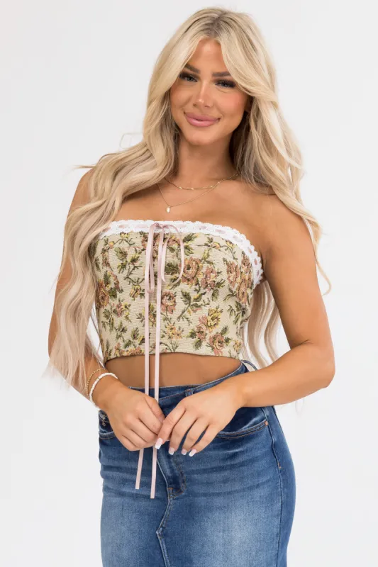 Beige Floral Jacquard Back Lace Up Crop Top sold by Lime Lush