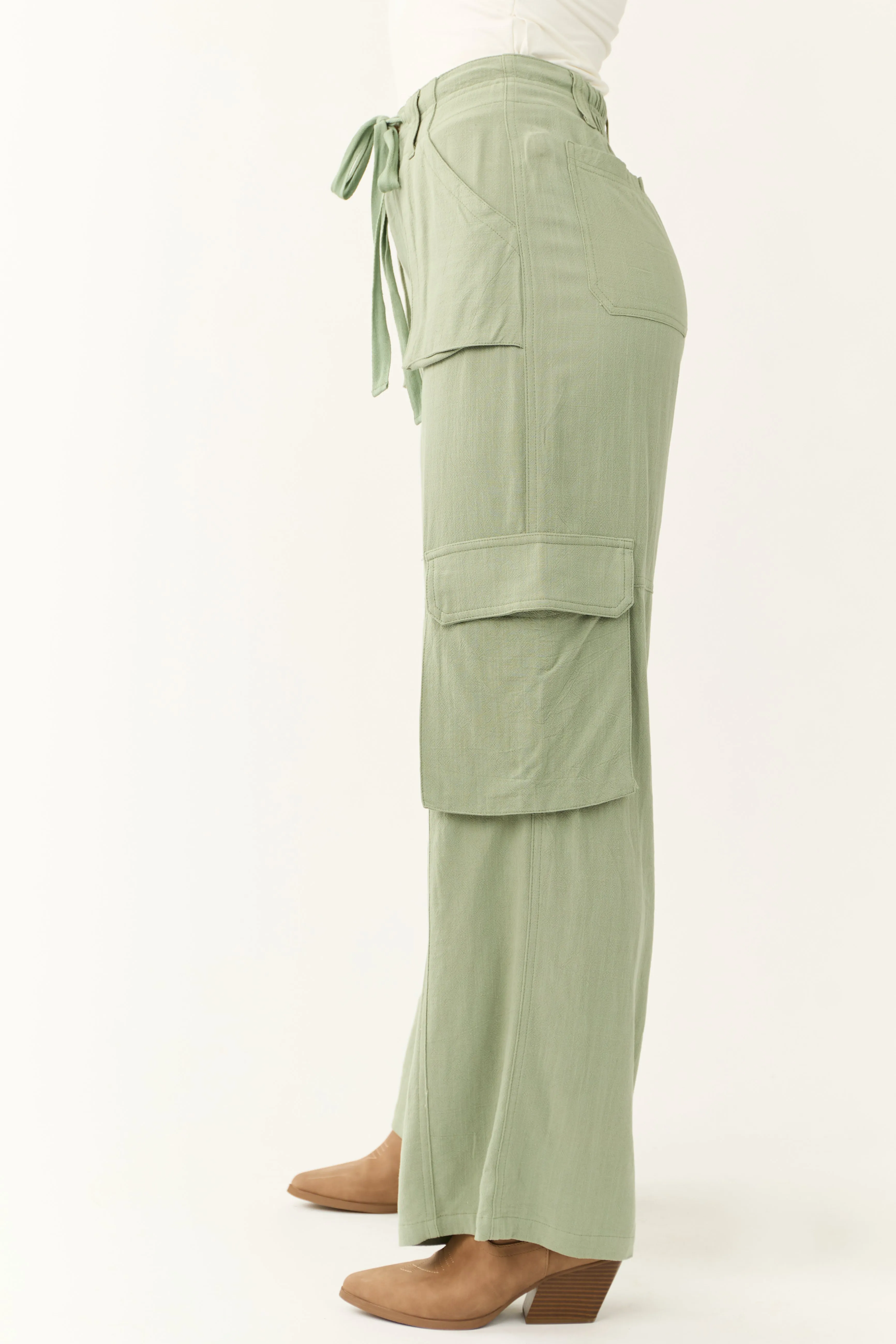 Rich Sage Relaxed Fit Wide Leg Cargo Pants sold by Lime Lush product image thumbnail 3