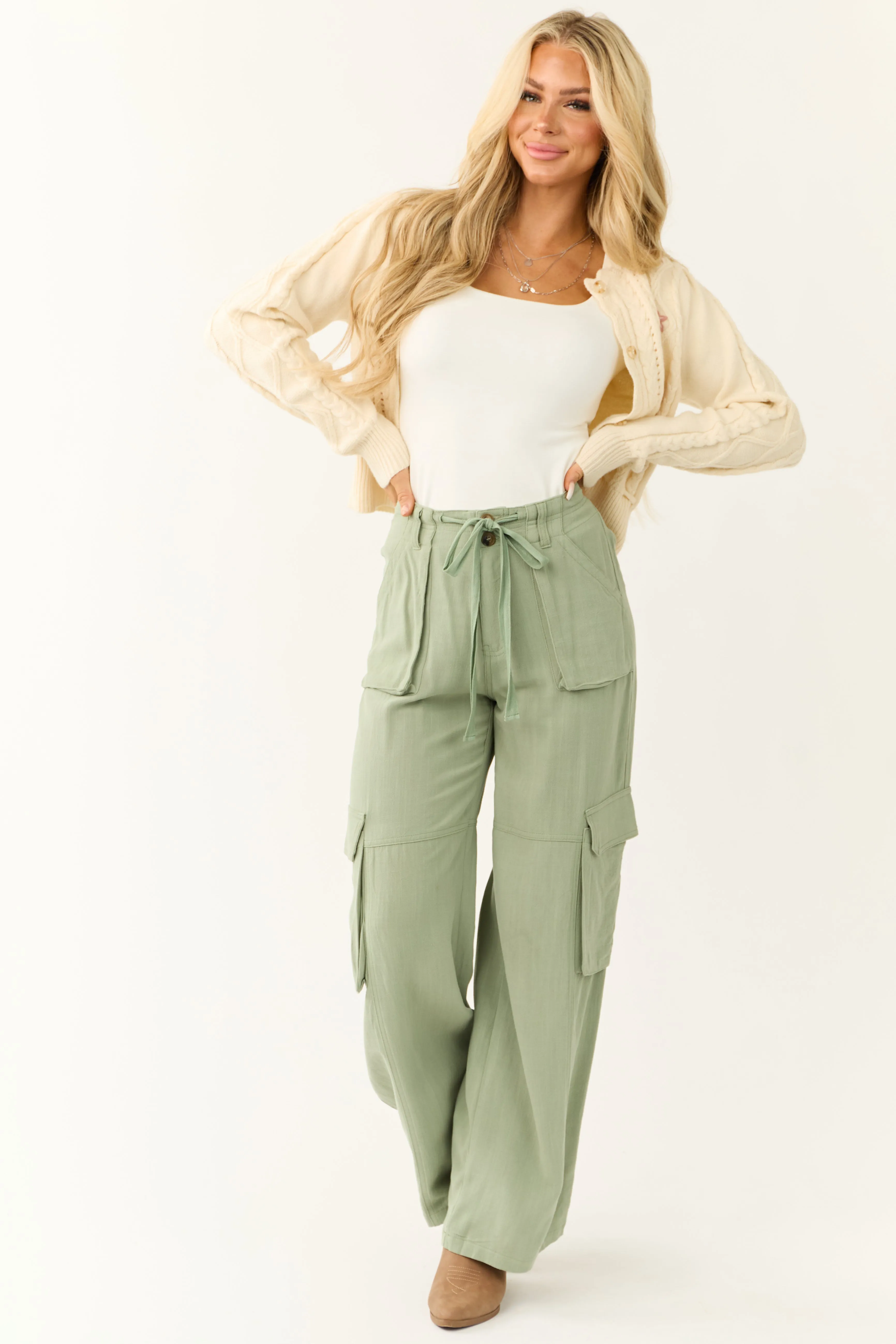 Rich Sage Relaxed Fit Wide Leg Cargo Pants sold by Lime Lush product image thumbnail 5