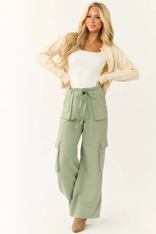 Rich Sage Relaxed Fit Wide Leg Cargo Pants sold by Lime Lush