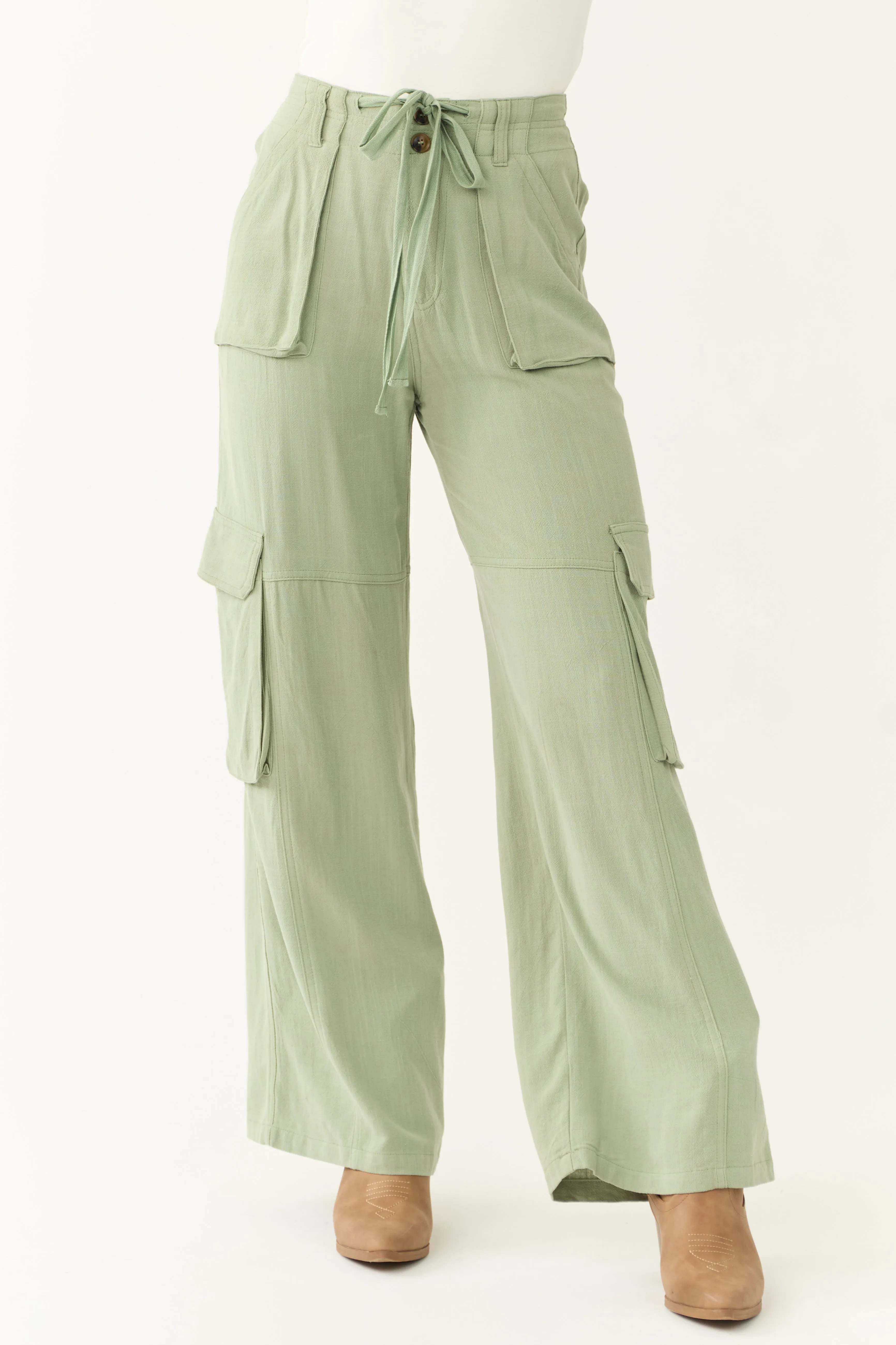 Rich Sage Relaxed Fit Wide Leg Cargo Pants sold by Lime Lush product image thumbnail 2