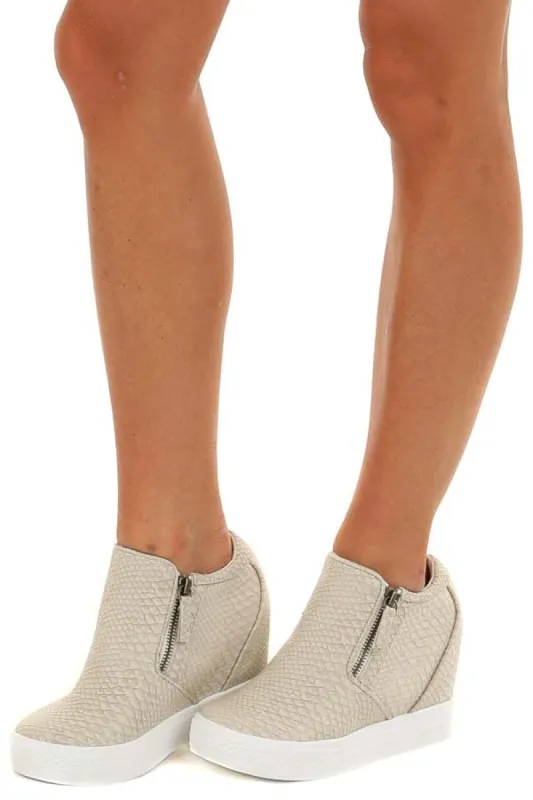 Beige Snakeskin Print Textured Wedge Sneaker with Zippers sold by Lime Lush