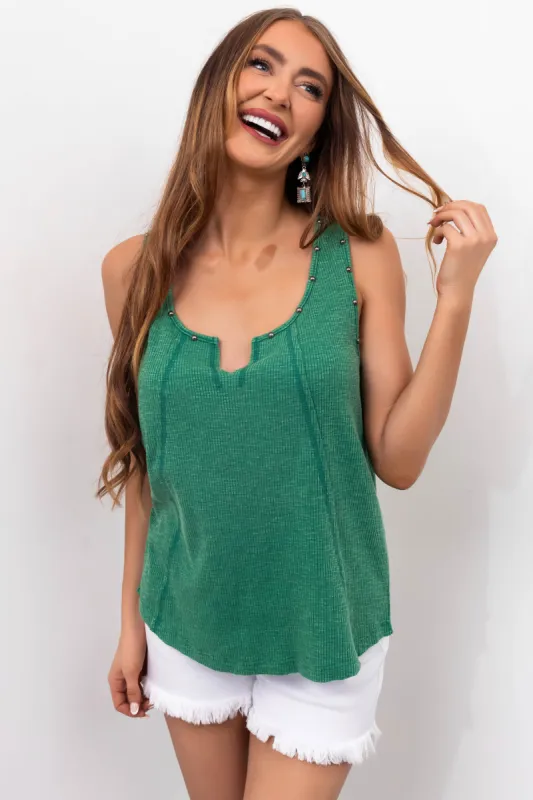Jade Mineral Washed Studded Detail Tank Top sold by Lime Lush