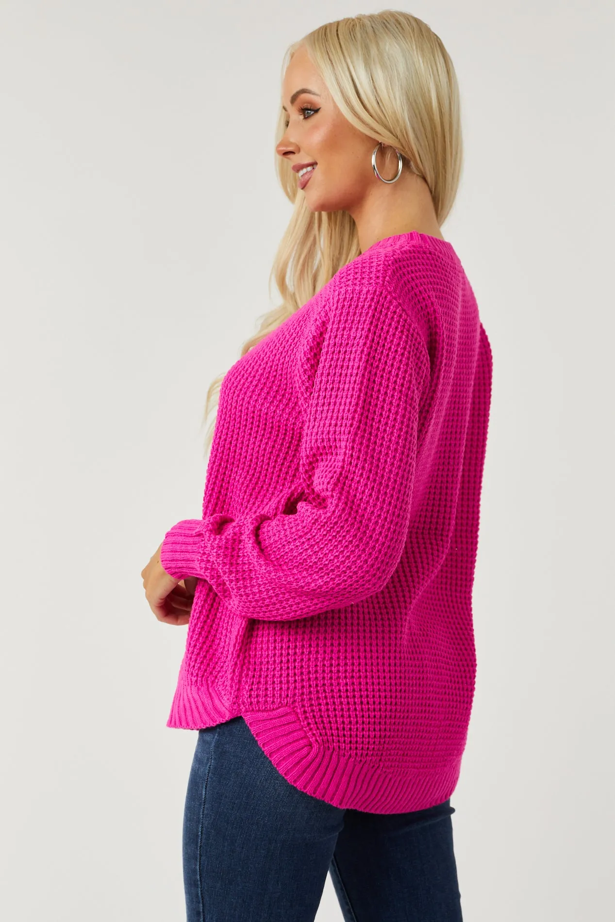Deep Fuchsia Thick Waffle Knit Curved Hem Sweater sold by Lime Lush product image thumbnail 5