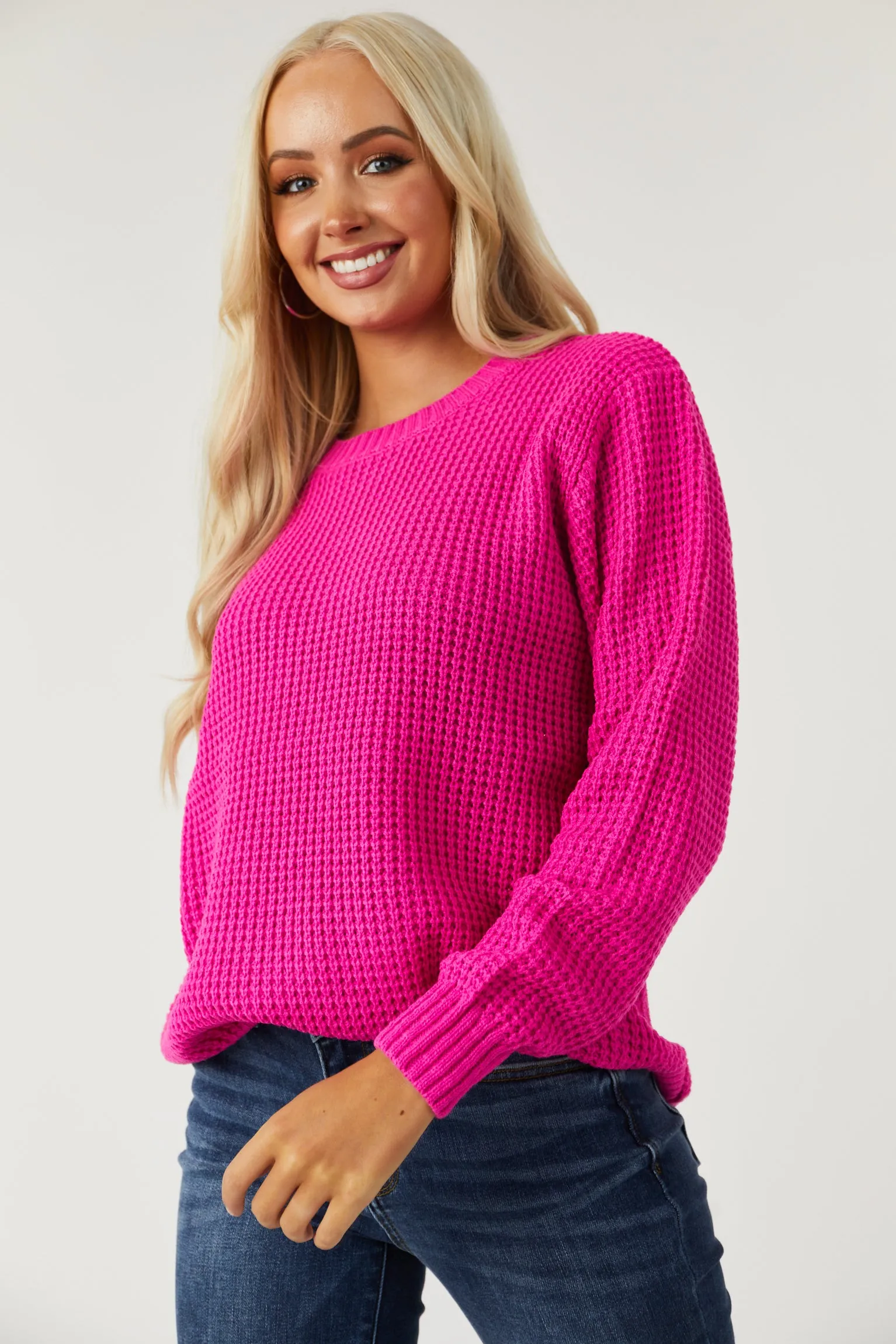 Deep Fuchsia Thick Waffle Knit Curved Hem Sweater sold by Lime Lush