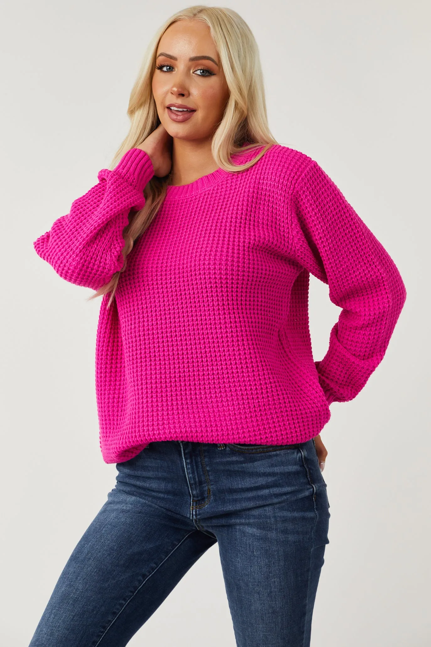 Deep Fuchsia Thick Waffle Knit Curved Hem Sweater sold by Lime Lush product image thumbnail 2