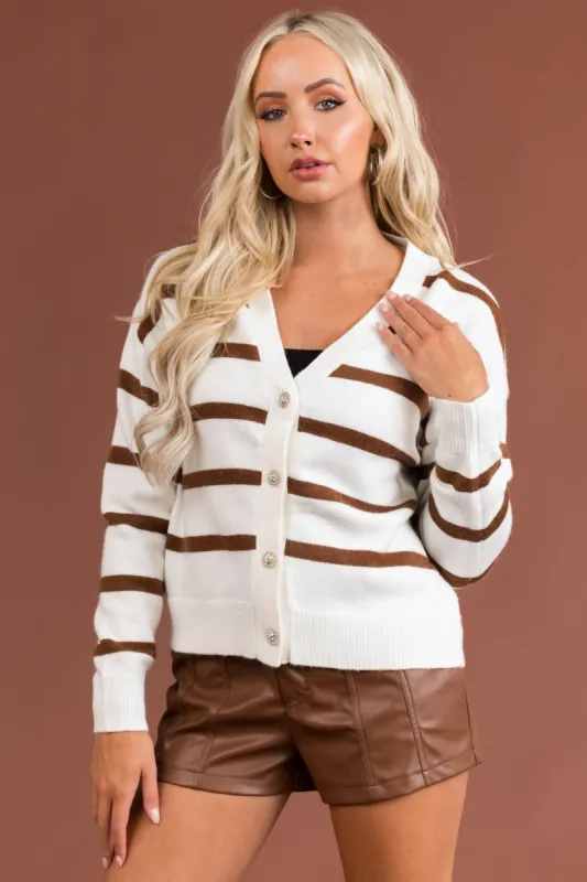 White Striped V Neck Rhinestone Button Up Cardigan sold by Lime Lush