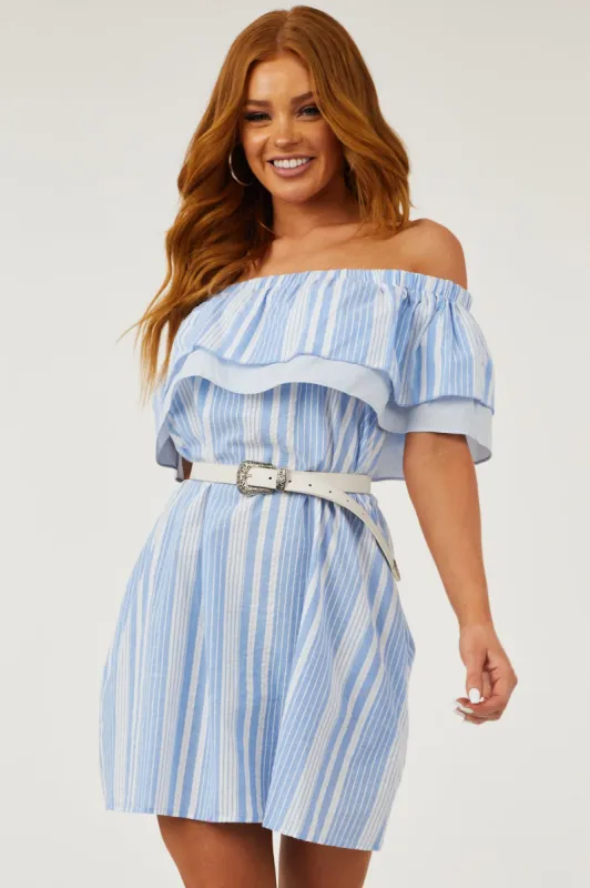 Cornflower Striped Ruffle Off the Shoulder Dress sold by Lime Lush