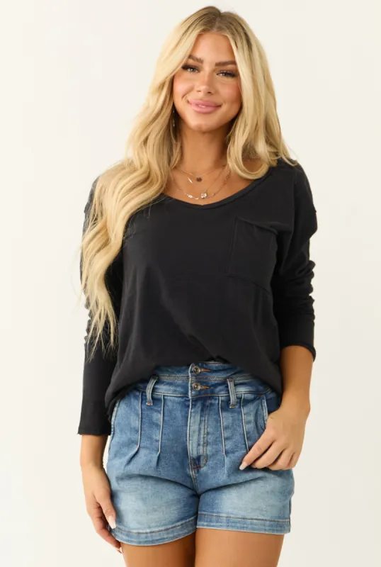 Black Long Sleeve Chest Pocket Knit Top sold by Lime Lush