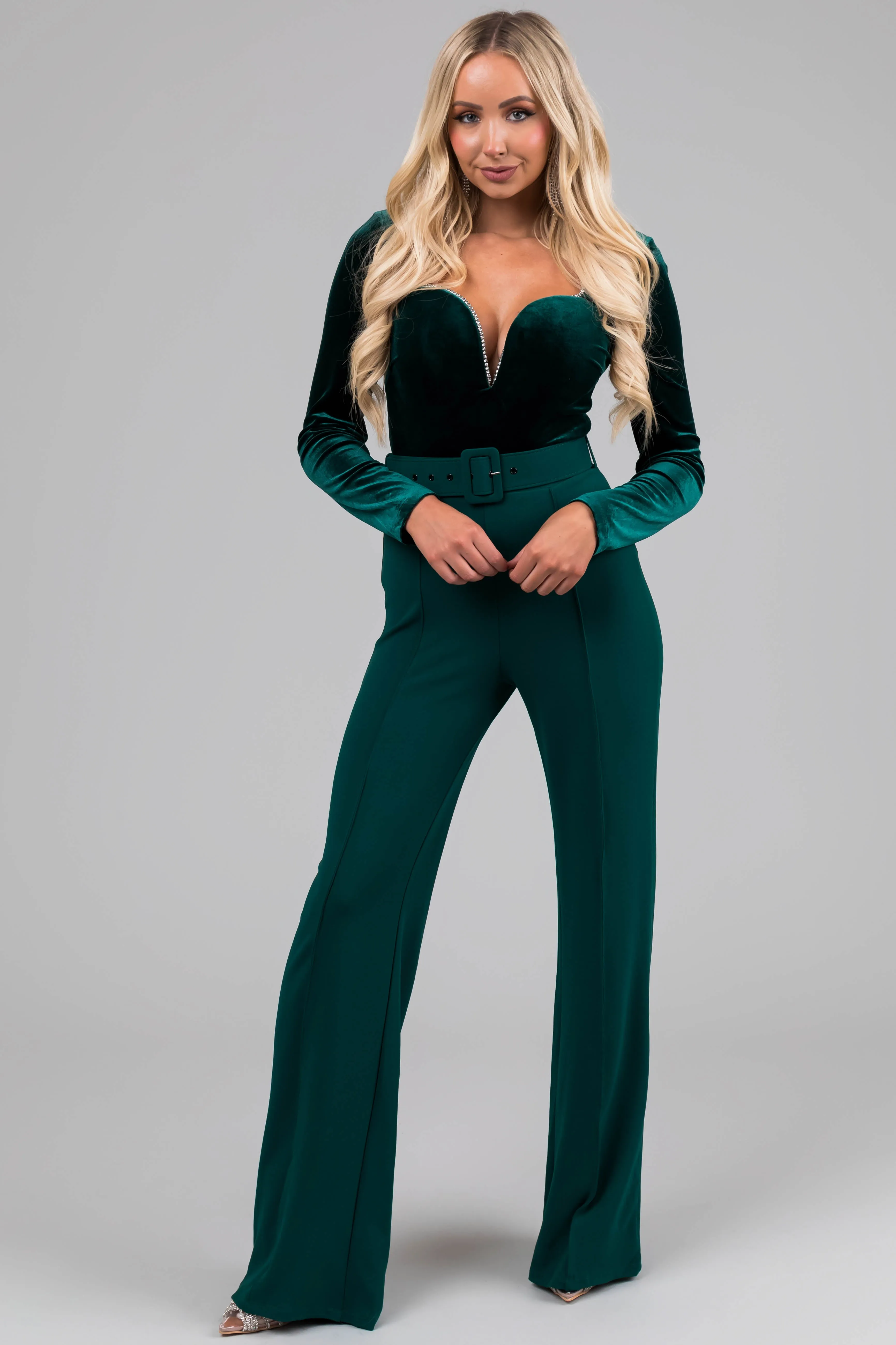 Forest Green Velvet Rhinestone Trim Jumpsuit sold by Lime Lush product image thumbnail 5