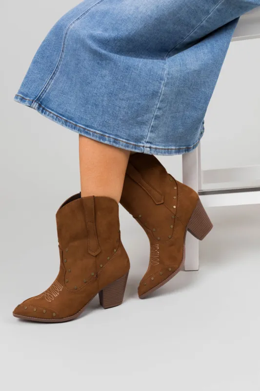 Sepia Pointed Toe Studded Western Calf Boots sold by Lime Lush