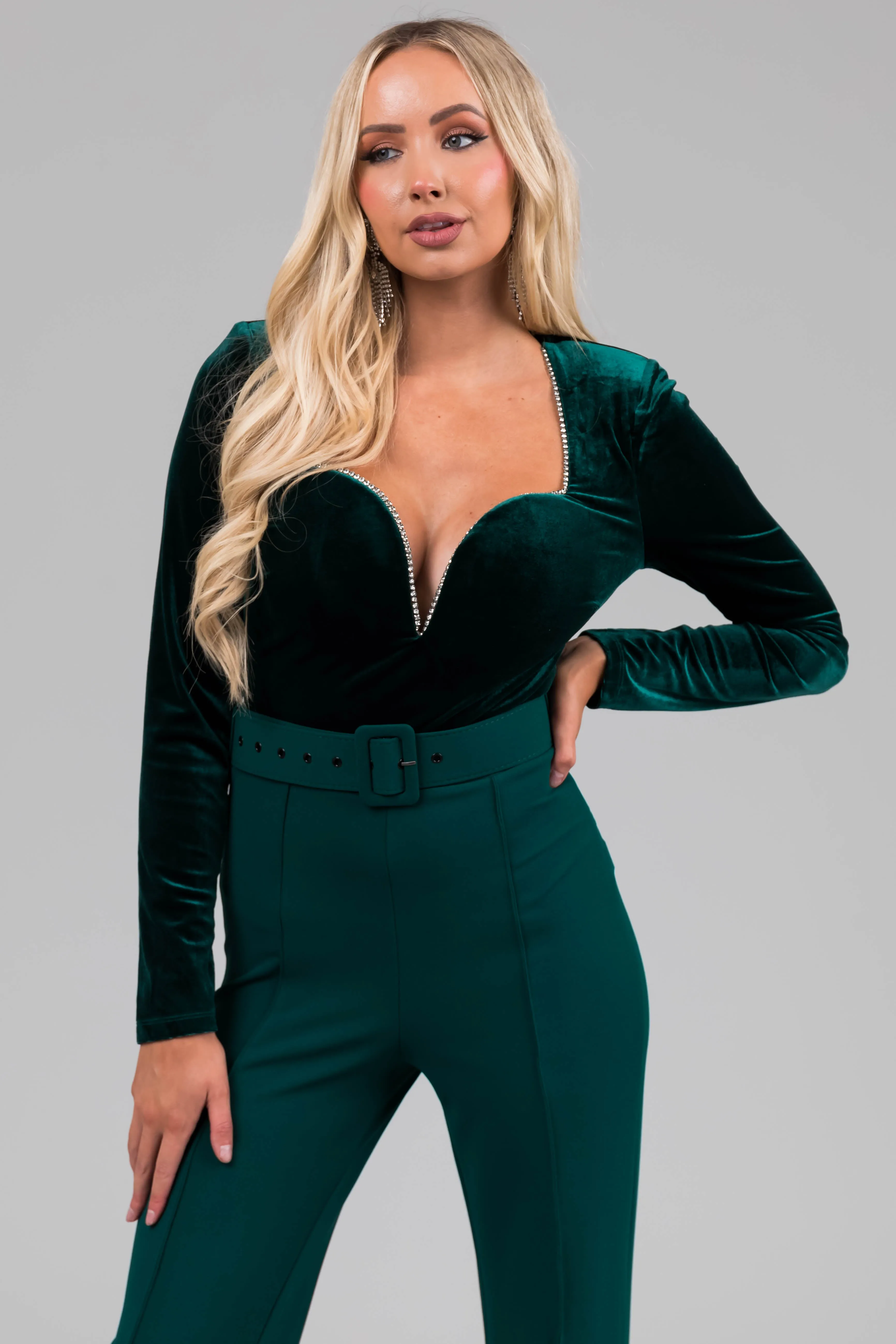 Forest Green Velvet Rhinestone Trim Jumpsuit sold by Lime Lush product image thumbnail 2