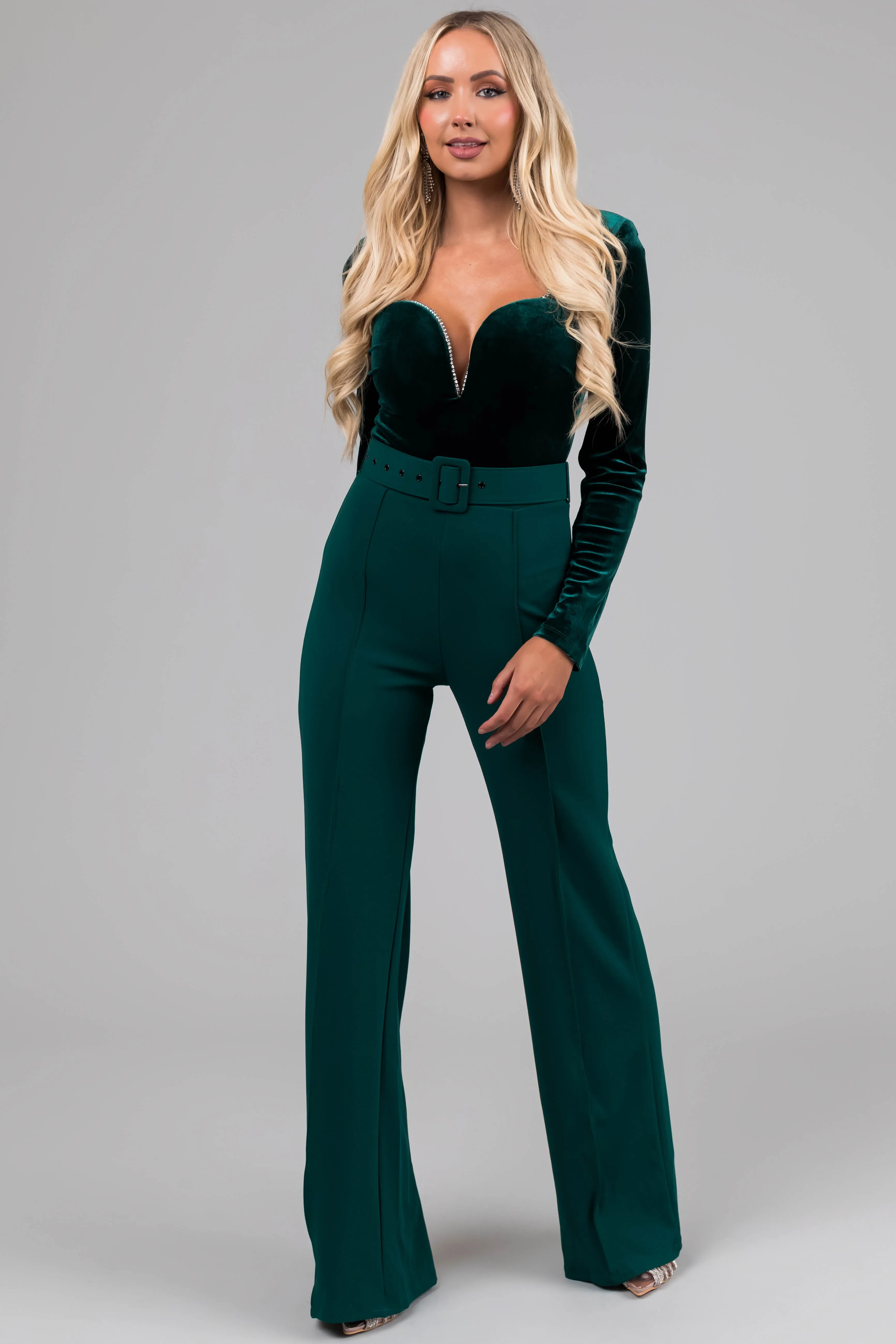 Forest Green Velvet Rhinestone Trim Jumpsuit sold by Lime Lush product image thumbnail 4